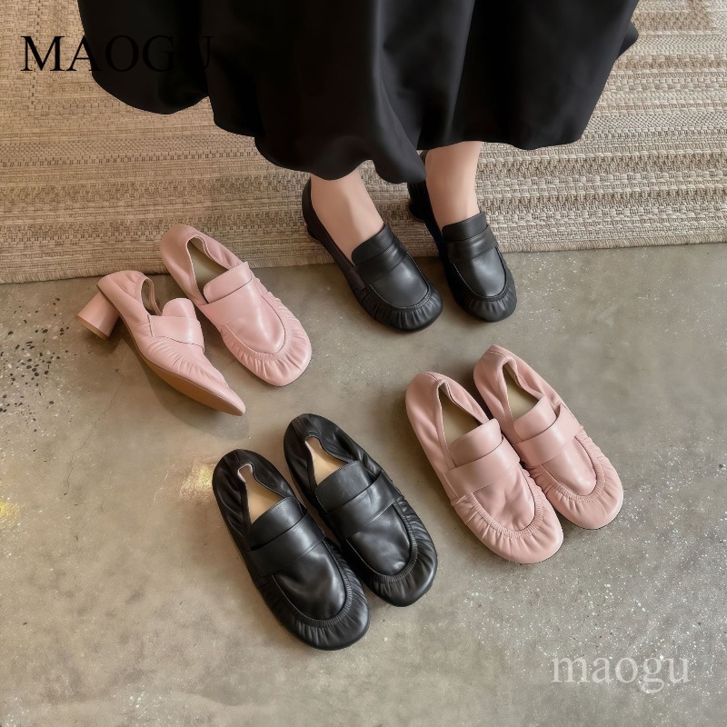 Vintage Fashion Online - Yumuşak Deri Loafer'lar Kadın Pileli Yuvarlak